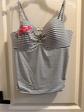 La Vie En Rose Black & White Striped Tankini with Pink Floral Embroidery